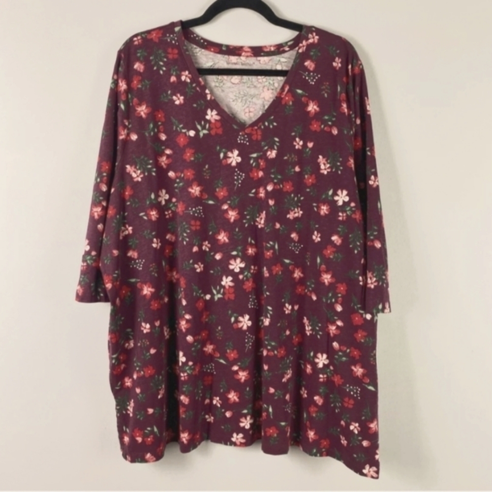 Woman Within Purple Floral V-neck 3/4 Sleeve Cotton Plus Size Top Sz 4X (34/36)